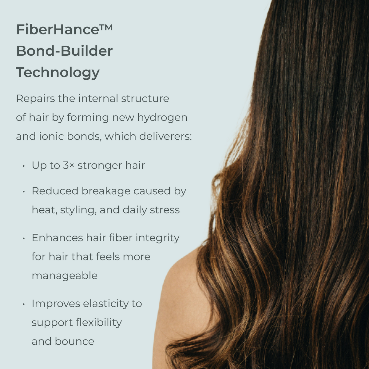 Long brunette hair: FiberHance bond-builder in EVOLVh SmartStart Detangling Leave-In Conditioner